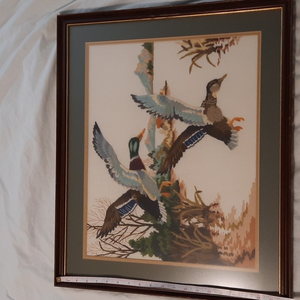 Beautiful Pair of Ducks Crewel picture vintage art folk art
